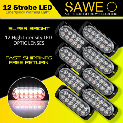 Emergency LED Strobe Lights Bar for Offroad Car Truck Warning Hazard Flash Grille and Surface Mount Light - Red / White 12-LED SAWE Lighting