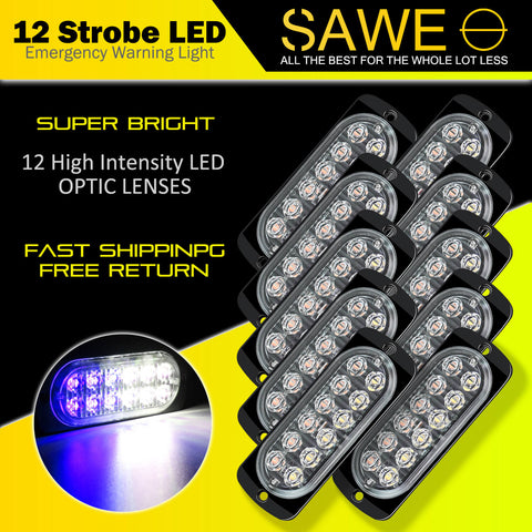 Emergency LED Strobe Lights Bar for Offroad Car Truck Warning Hazard Flash Grille and Surface Mount Light - Blue / White 12-LED SAWE Lighting