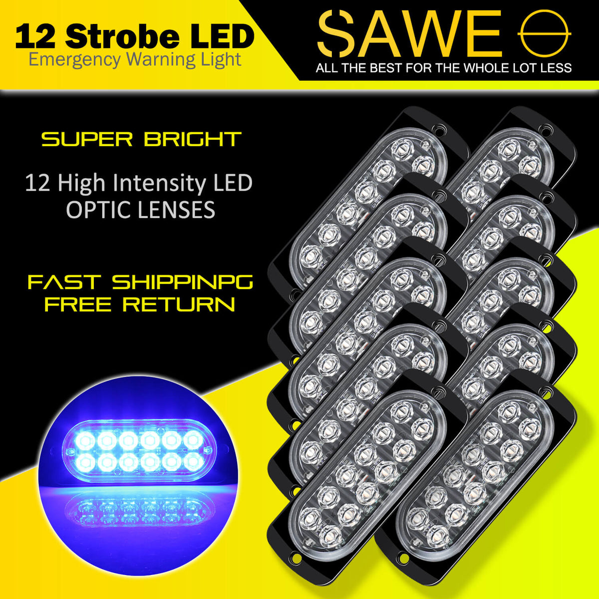 Emergency LED Strobe Lights Bar for Offroad Car Truck Warning Hazard Flash Grille and Surface Mount Light - Blue 12-LED SAWE Lighting