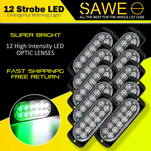 Emergency LED Strobe Lights Bar for Offroad Car Truck Warning Hazard Flash Grille and Surface Mount Light - Green / White 12-LED SAWE Lighting