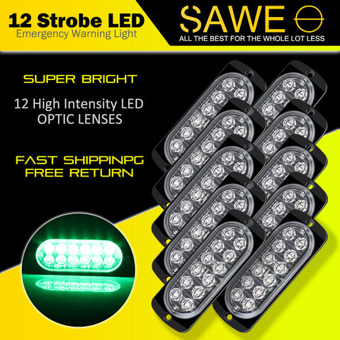 Emergency LED Strobe Lights Bar for Offroad Car Truck Warning Hazard Flash Grille and Surface Mount Light - Green 12-LED SAWE Lighting