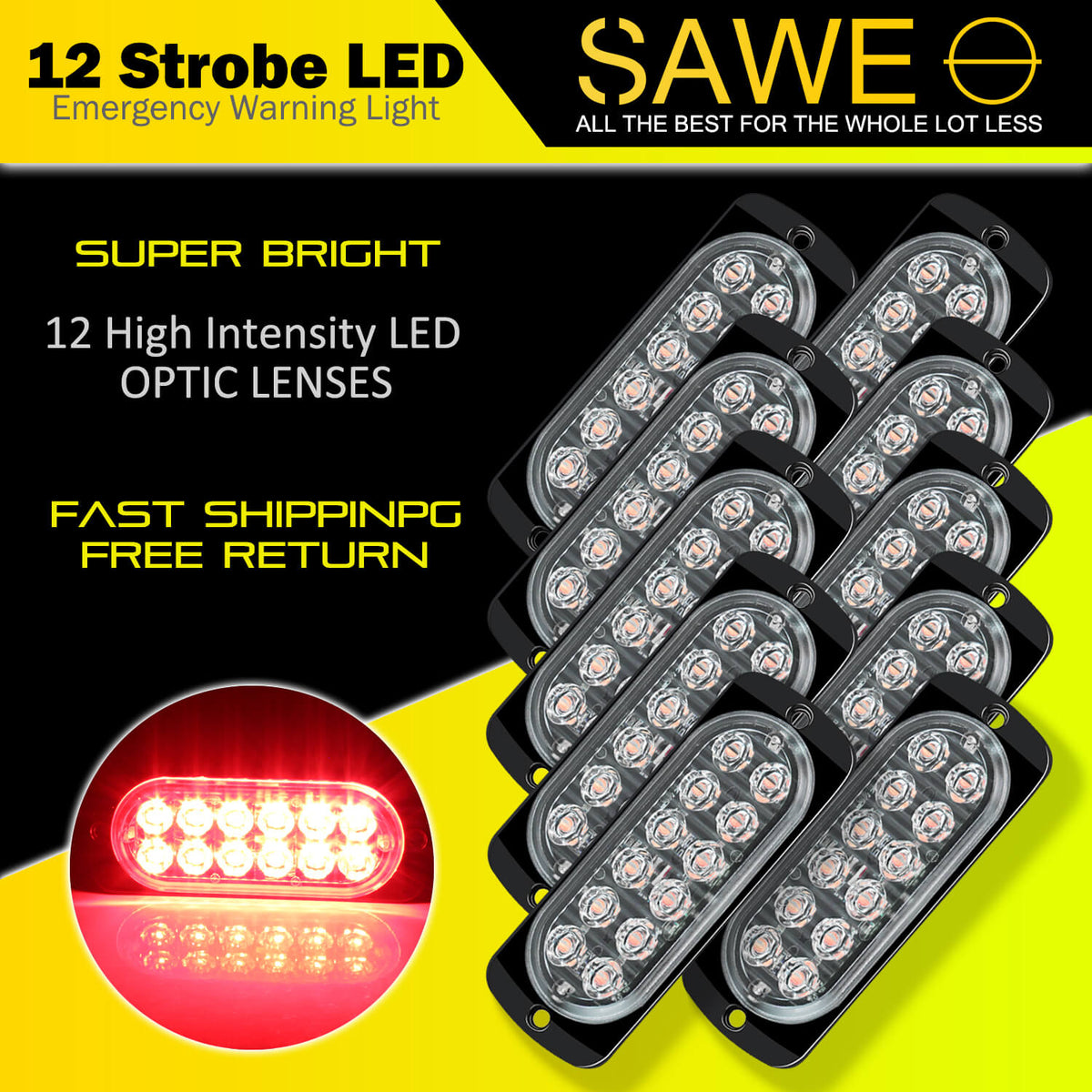Emergency LED Strobe Lights Bar for Offroad Car Truck Warning Hazard Flash Grille and Surface Mount Light - Red 12-LED SAWE Lighting