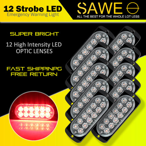Emergency LED Strobe Lights Bar for Offroad Car Truck Warning Hazard Flash Grille and Surface Mount Light - Red 12-LED SAWE Lighting
