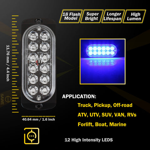 Emergency LED Strobe Lights Bar for Offroad Car Truck Warning Hazard Flash Grille and Surface Mount Light - Blue 12-LED SAWE Lighting