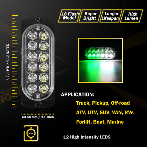 Emergency LED Strobe Lights Bar for Offroad Car Truck Warning Hazard Flash Grille and Surface Mount Light - Green / White 12-LED SAWE Lighting