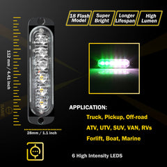 Emergency LED Strobe Lights Bar for Offroad Car Truck Warning Hazard Flash Grille and Surface Mount Light - Green / White 6-LED