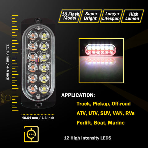 Emergency LED Strobe Lights Bar for Offroad Car Truck Warning Hazard Flash Grille and Surface Mount Light - Red / White 12-LED SAWE Lighting
