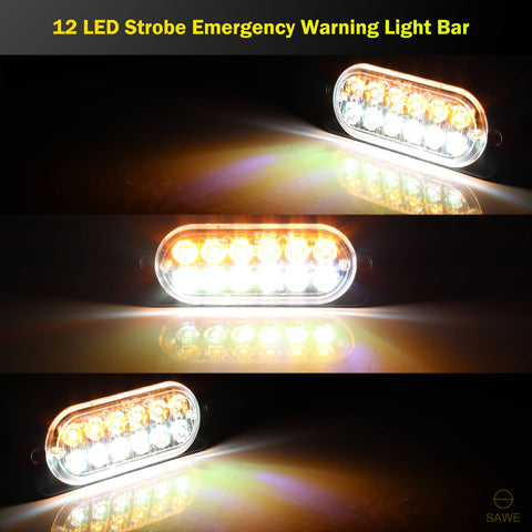 Emergency LED Strobe Lights Bar for Offroad Car Truck Warning Hazard Flash Grille and Surface Mount Light - Amber / White 12-LED SAWE Lighting