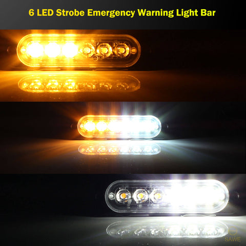 Emergency LED Strobe Lights Bar for Offroad Car Truck Warning Hazard Flash Grille and Surface Mount Light - Amber / White 6-LED SAWE Lighting