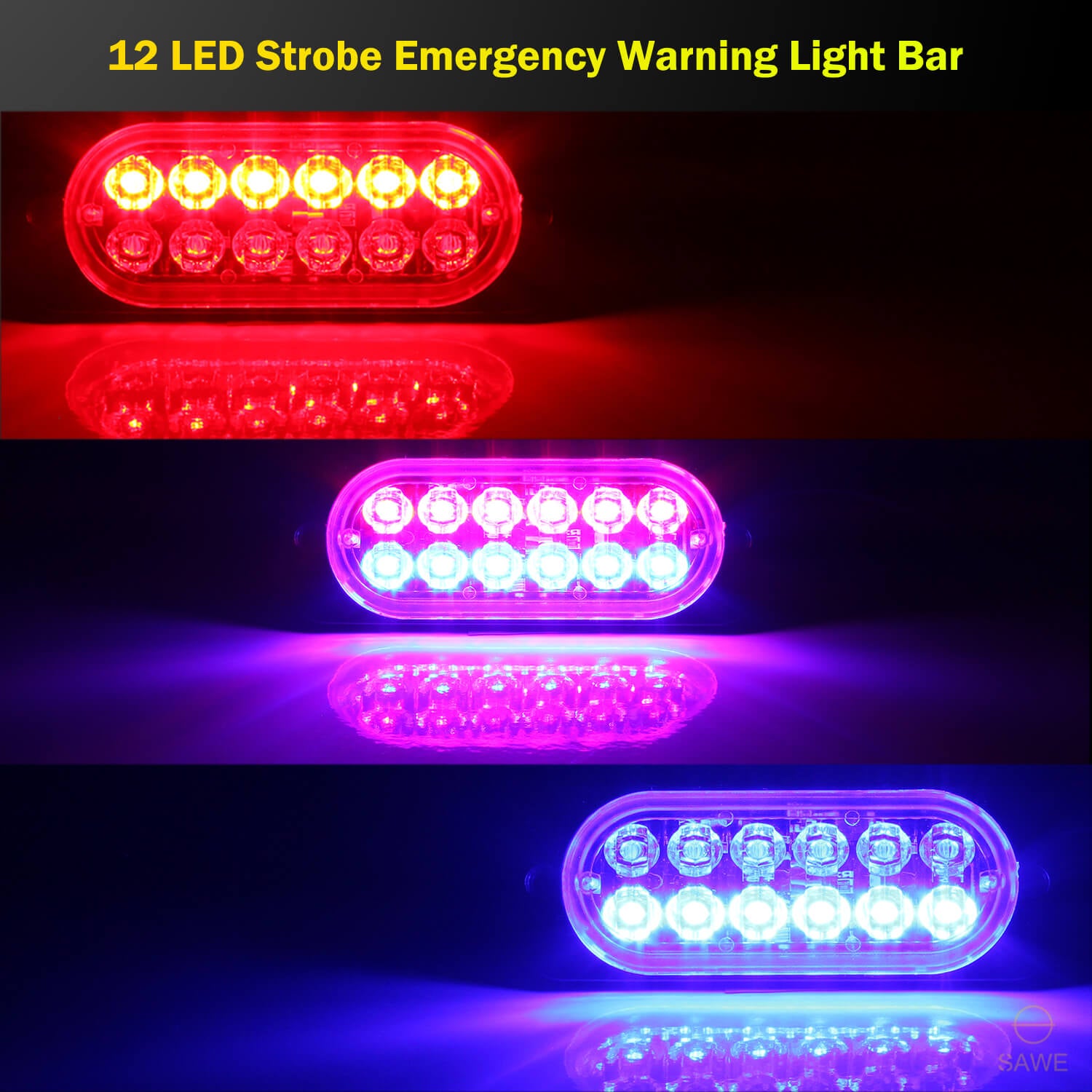 Emergency LED Strobe Lights Bar for Offroad Car Truck Warning Hazard Flash Grille and Surface Mount Light - Red / Blue 12-LED