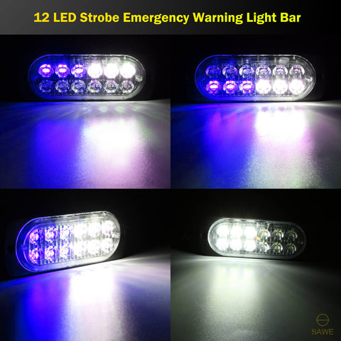 Emergency LED Strobe Lights Bar for Offroad Car Truck Warning Hazard Flash Grille and Surface Mount Light - Blue / White 12-LED SAWE Lighting