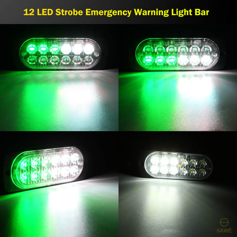 Emergency LED Strobe Lights Bar for Offroad Car Truck Warning Hazard Flash Grille and Surface Mount Light - Green / White 12-LED SAWE Lighting
