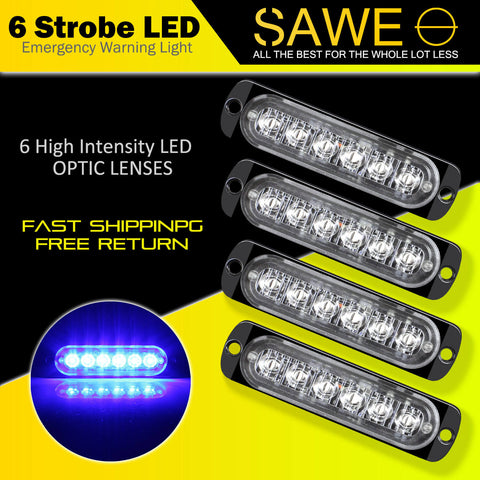 Emergency LED Strobe Lights Bar for Offroad Car Truck Warning Hazard Flash Grille and Surface Mount Light - Blue 6-LED SAWE Lighting