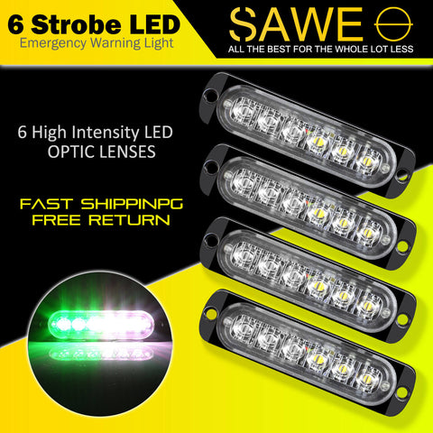 Emergency LED Strobe Lights Bar for Offroad Car Truck Warning Hazard Flash Grille and Surface Mount Light - Green / White 6-LED SAWE Lighting