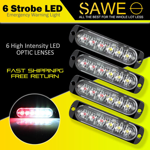 Emergency LED Strobe Lights Bar for Offroad Car Truck Warning Hazard Flash Grille and Surface Mount Light - Red / White 6-LED SAWE Lighting