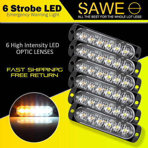 Emergency LED Strobe Lights Bar for Offroad Car Truck Warning Hazard Flash Grille and Surface Mount Light - Amber / White 6-LED SAWE Lighting
