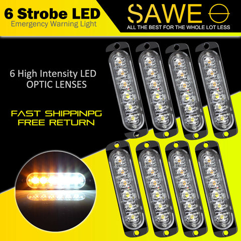 Emergency LED Strobe Lights Bar for Offroad Car Truck Warning Hazard Flash Grille and Surface Mount Light - Amber / White 6-LED SAWE Lighting