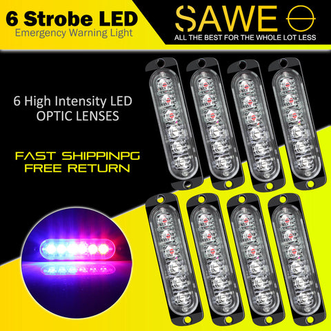 Emergency LED Strobe Lights Bar for Offroad Car Truck Warning Hazard Flash Grille and Surface Mount Light - Blue / Red 6-LED SAWE Lighting