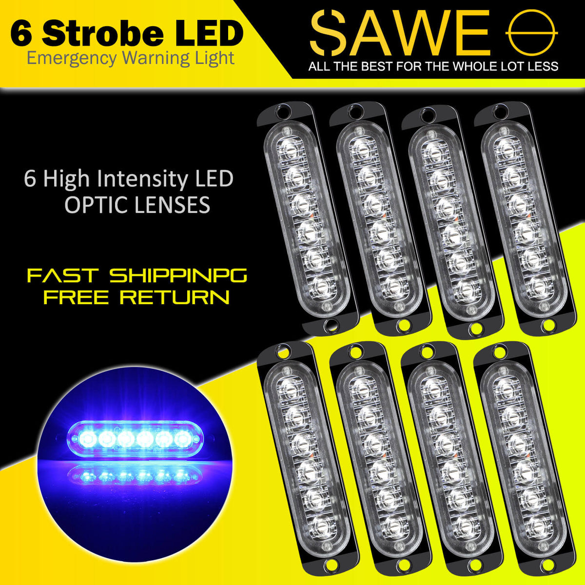 Emergency LED Strobe Lights Bar for Offroad Car Truck Warning Hazard Flash Grille and Surface Mount Light - Blue 6-LED SAWE Lighting