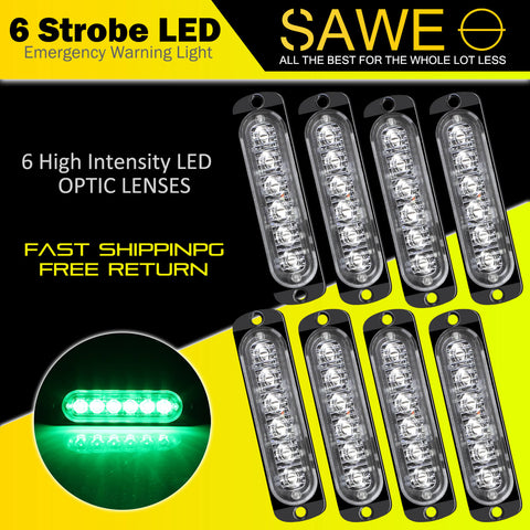 Emergency LED Strobe Lights Bar for Offroad Car Truck Warning Hazard Flash Grille and Surface Mount Light - Green 6-LED SAWE Lighting