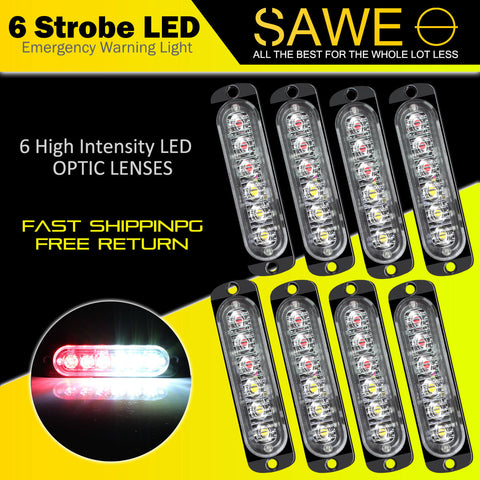 Emergency LED Strobe Lights Bar for Offroad Car Truck Warning Hazard Flash Grille and Surface Mount Light - Red / White 6-LED SAWE Lighting