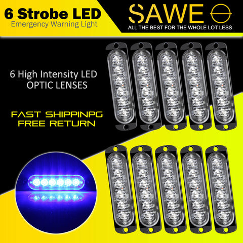 Emergency LED Strobe Lights Bar for Offroad Car Truck Warning Hazard Flash Grille and Surface Mount Light - Blue 6-LED SAWE Lighting
