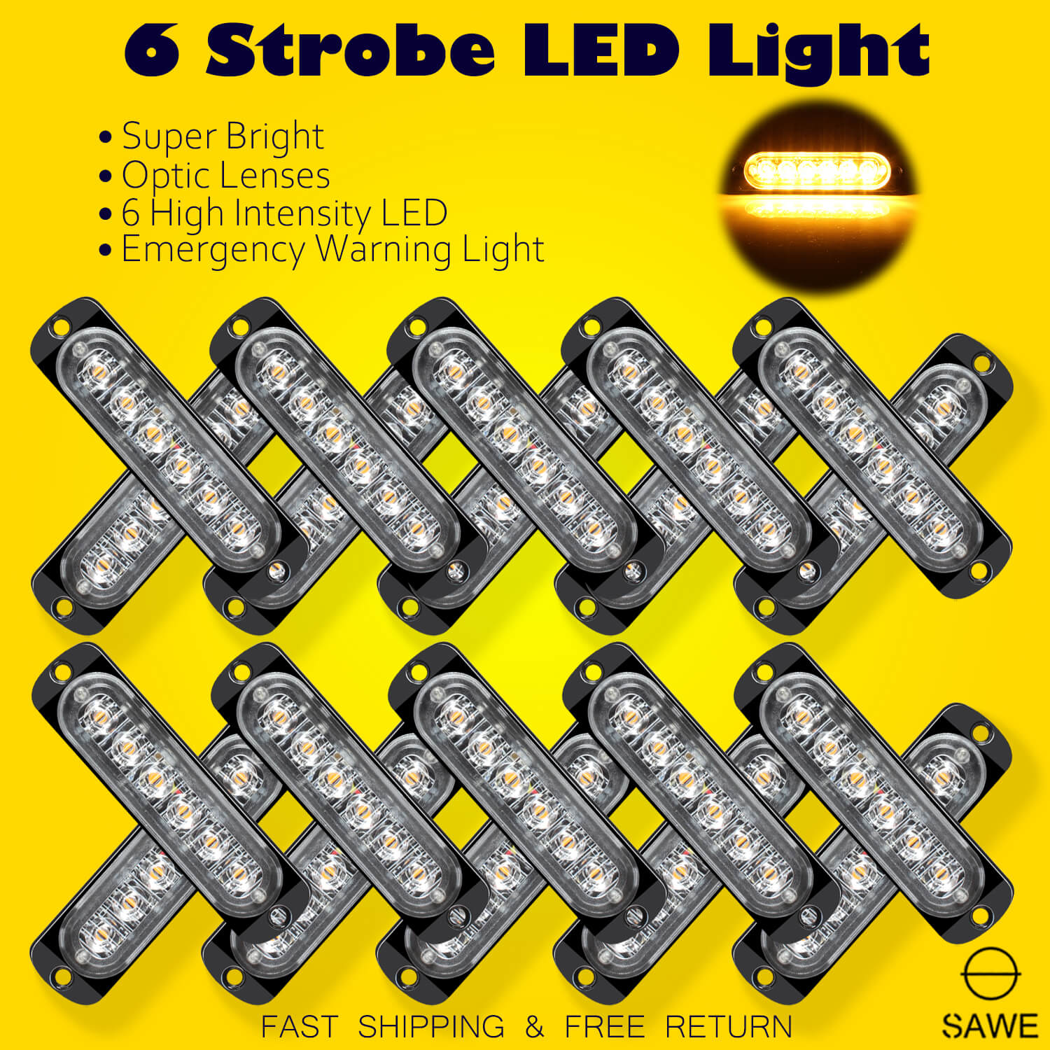 Emergency LED Strobe Lights Bar for Offroad Car Truck Warning Hazard Flash Grille and Surface Mount Light - Amber 6-LED