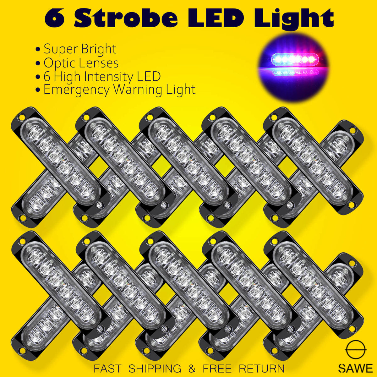 Emergency LED Strobe Lights Bar for Offroad Car Truck Warning Hazard Flash Grille and Surface Mount Light - Blue / Red 6-LED SAWE Lighting