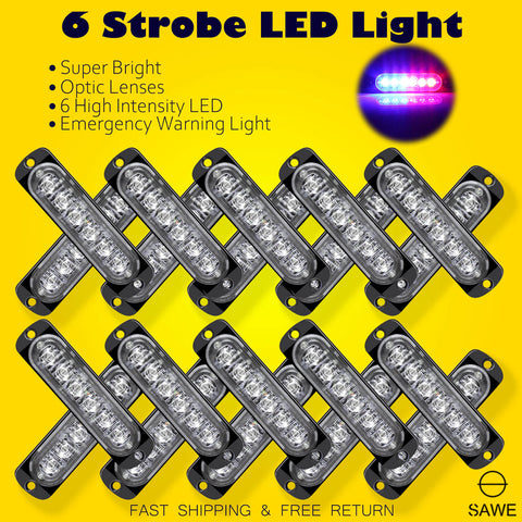 Emergency LED Strobe Lights Bar for Offroad Car Truck Warning Hazard Flash Grille and Surface Mount Light - Blue / Red 6-LED SAWE Lighting