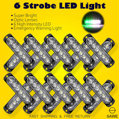 Emergency LED Strobe Lights Bar for Offroad Car Truck Warning Hazard Flash Grille and Surface Mount Light - Green / White 6-LED SAWE Lighting