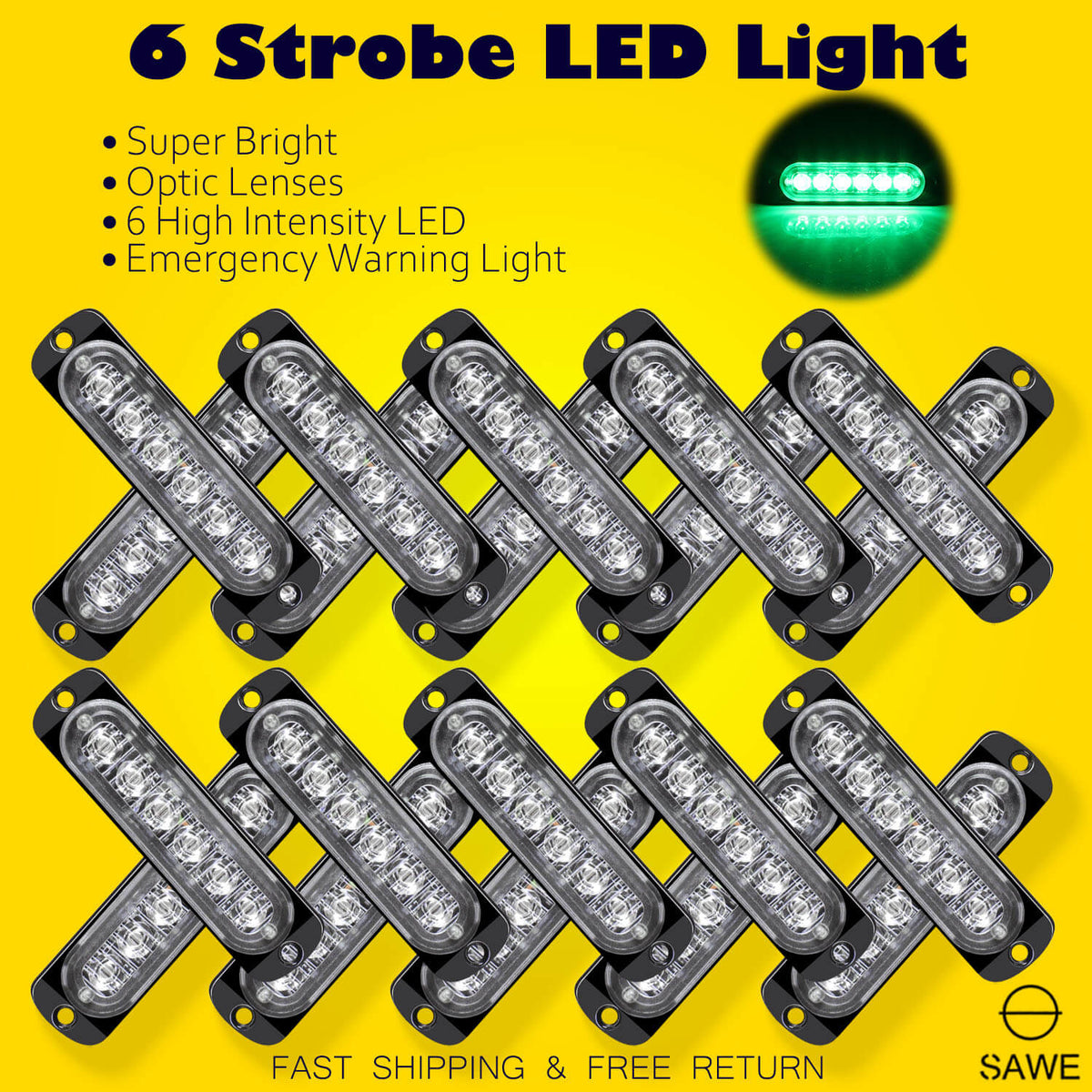 Emergency LED Strobe Lights Bar for Offroad Car Truck Warning Hazard Flash Grille and Surface Mount Light - Green 6-LED SAWE Lighting
