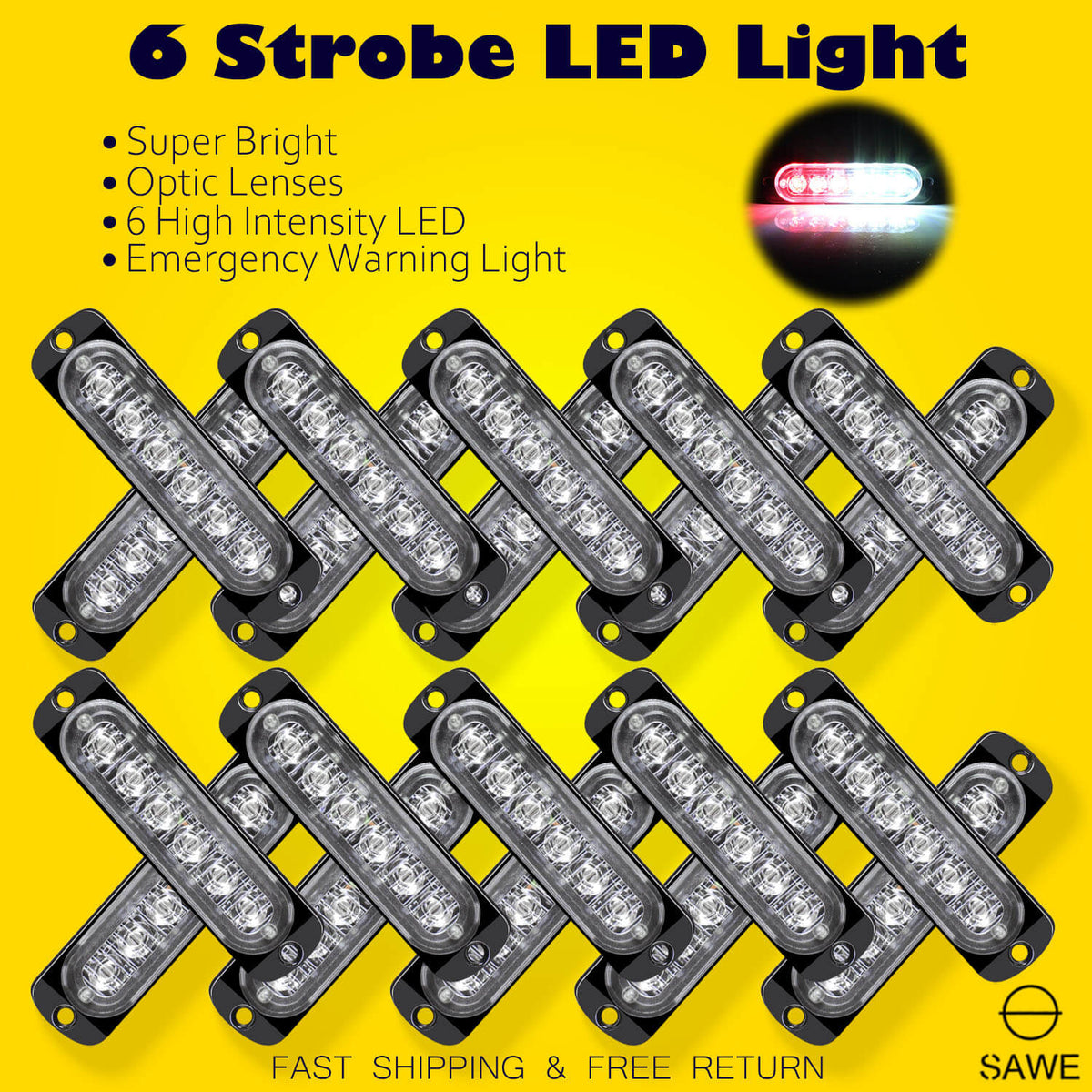 Emergency LED Strobe Lights Bar for Offroad Car Truck Warning Hazard Flash Grille and Surface Mount Light - Red / White 6-LED SAWE Lighting