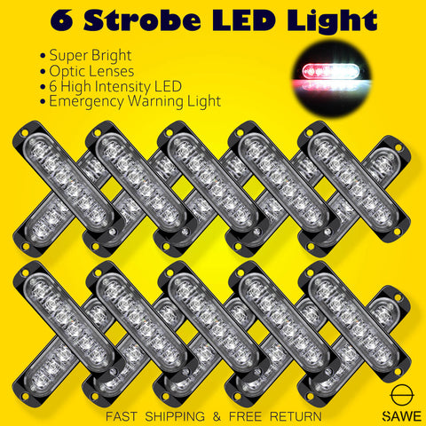 Emergency LED Strobe Lights Bar for Offroad Car Truck Warning Hazard Flash Grille and Surface Mount Light - Red / White 6-LED SAWE Lighting