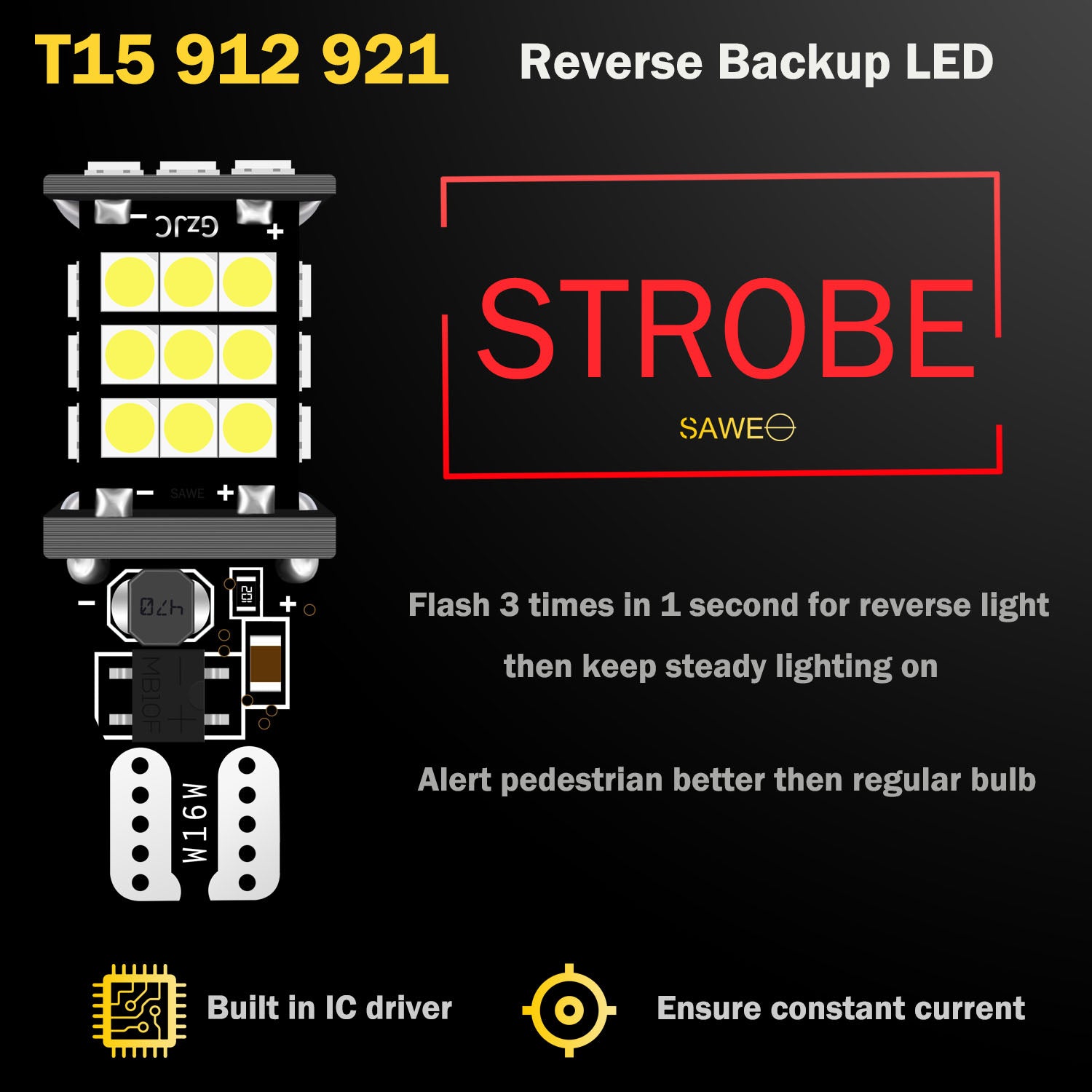 SAWE ®  921 912 T15 LED Bulb Strobe Brake Lights Flashing Stop Reverse Light 3030 30smd - 6000K White