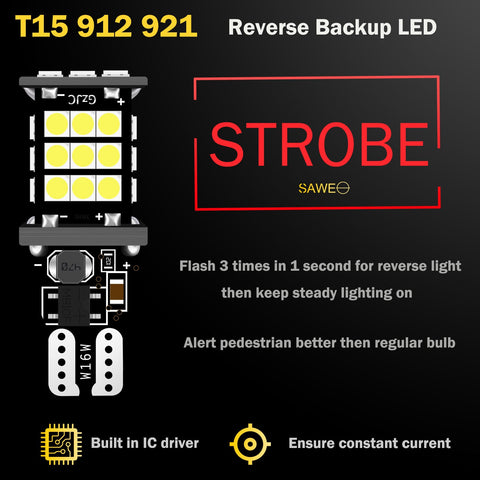 SAWE ®  921 912 T15 LED Bulb Strobe Brake Lights Flashing Stop Reverse Light 3030 30smd - 6000K White SAWE Lighting