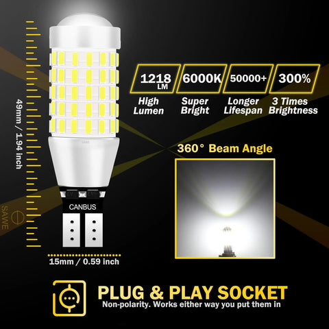 SAWE ® 921 912 T15 W16W 906 LED Bulbs for Back Up Reverse Lights 3014 87smd Canbus Error Free - 6000K White SAWE Lighting